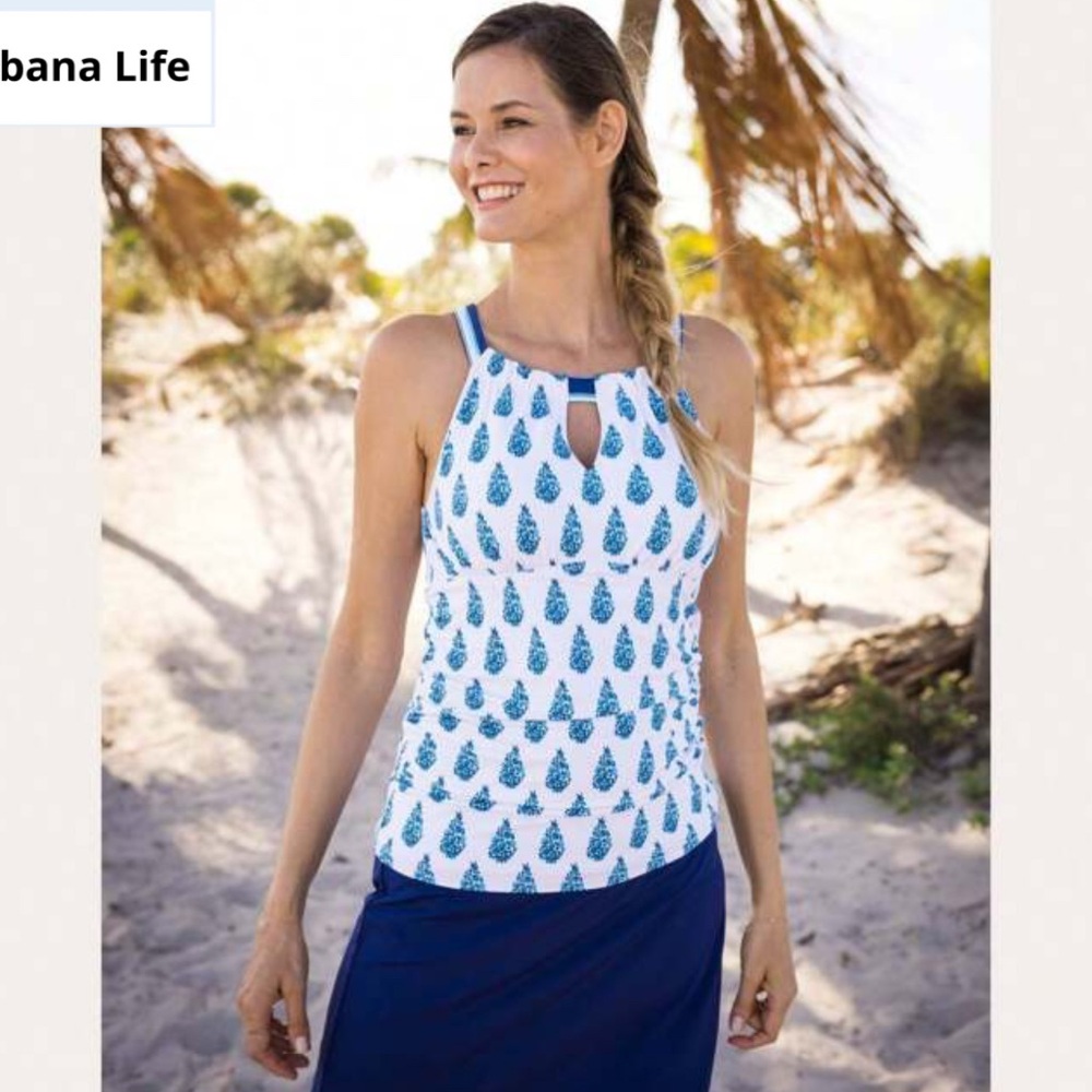 Cabana Life Delray Tankini Navy and White Floral Top